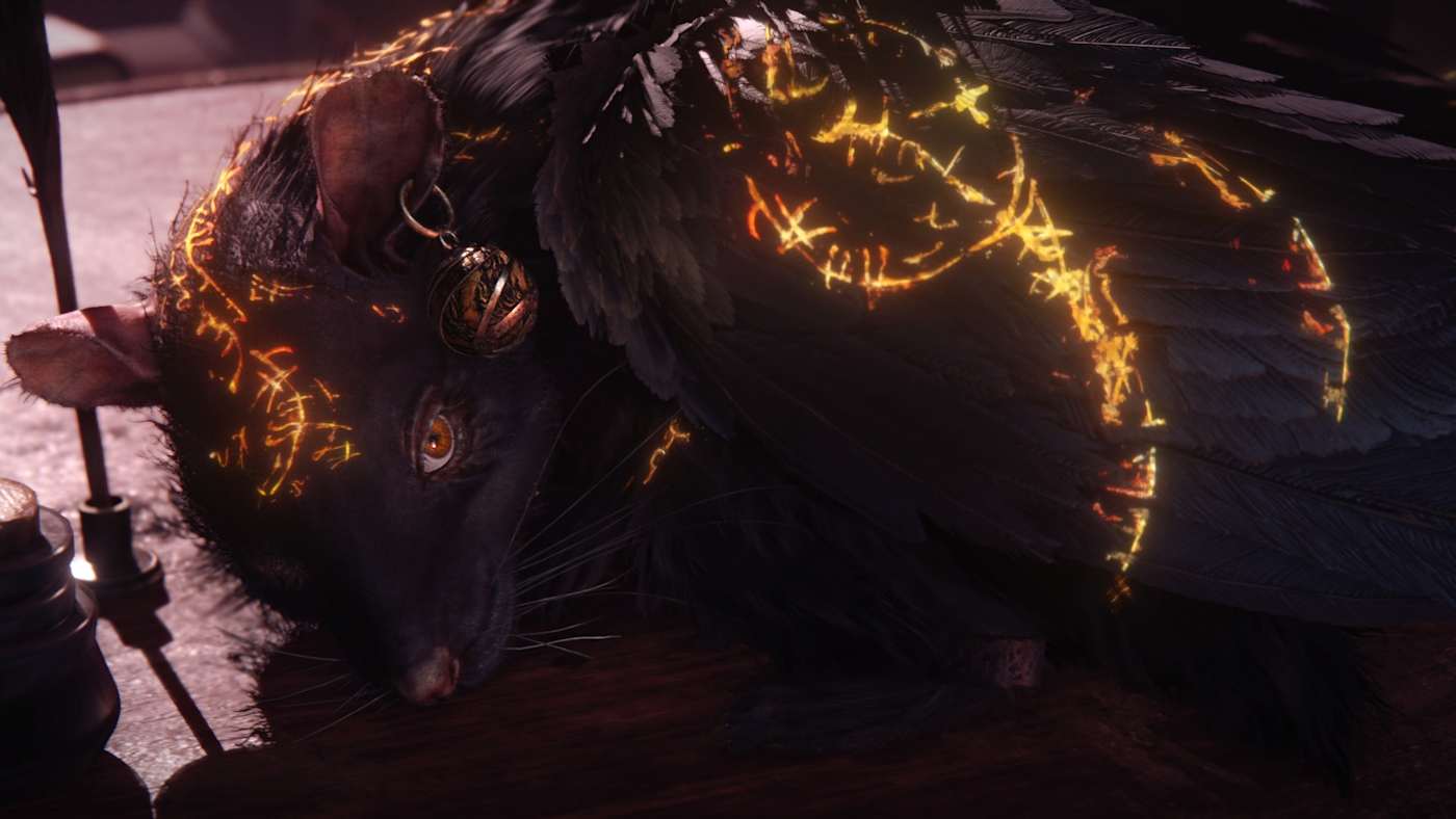 A black winged familiar marked with glowing signs.
