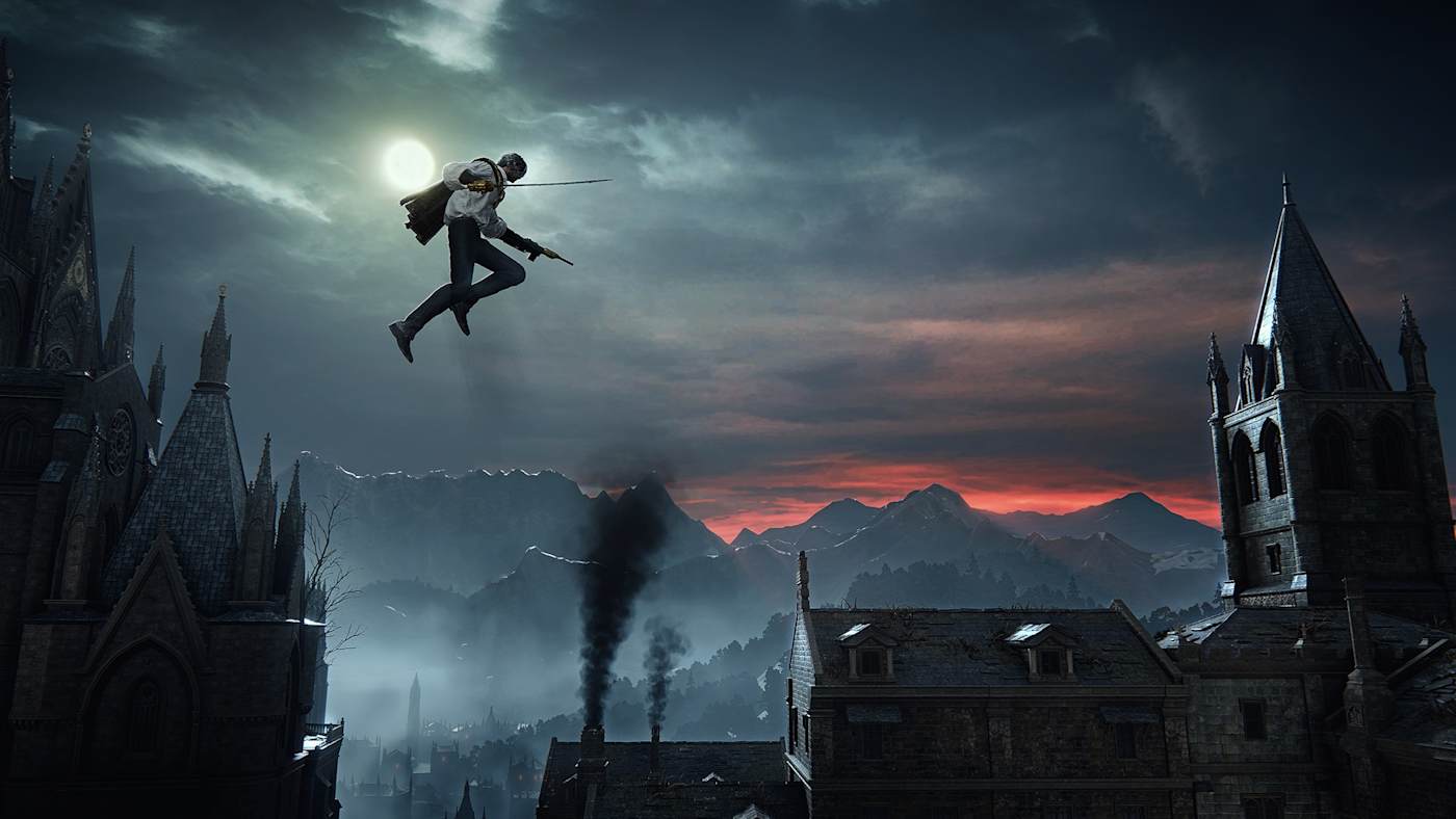 A Bloodsworn leaping above a gothic city under a pale moon. Official still from Nintendo.